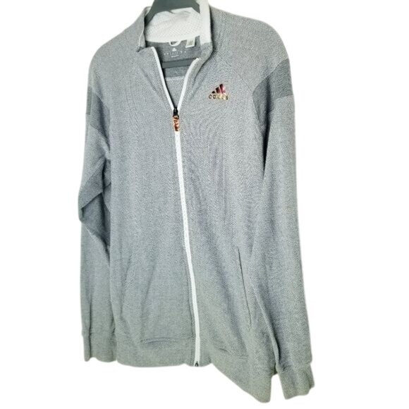 Adidas Men's L Gray & White Full Zip Jacket With Gold Logo‎ Stretchy Lightweight - Picture 1 of 14